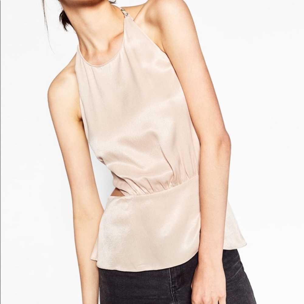 Zara pink/nude satin backless halter peplum top